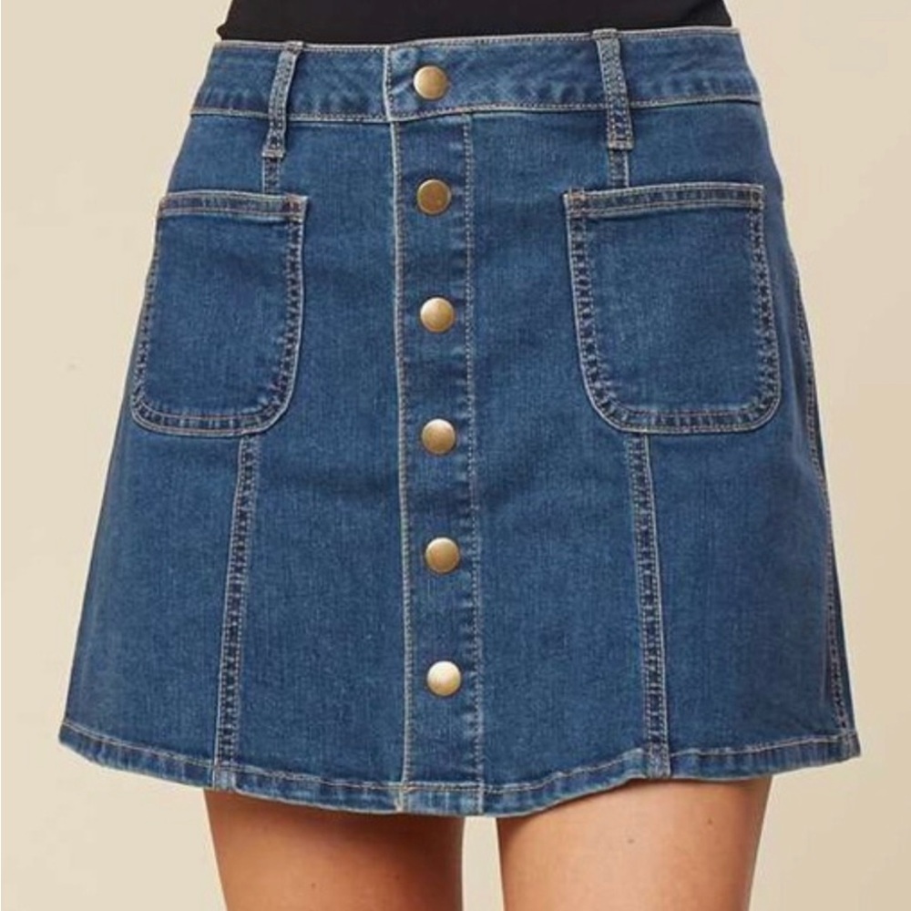 Altar'd State Blue Denim Button-Front A-Line Skirt